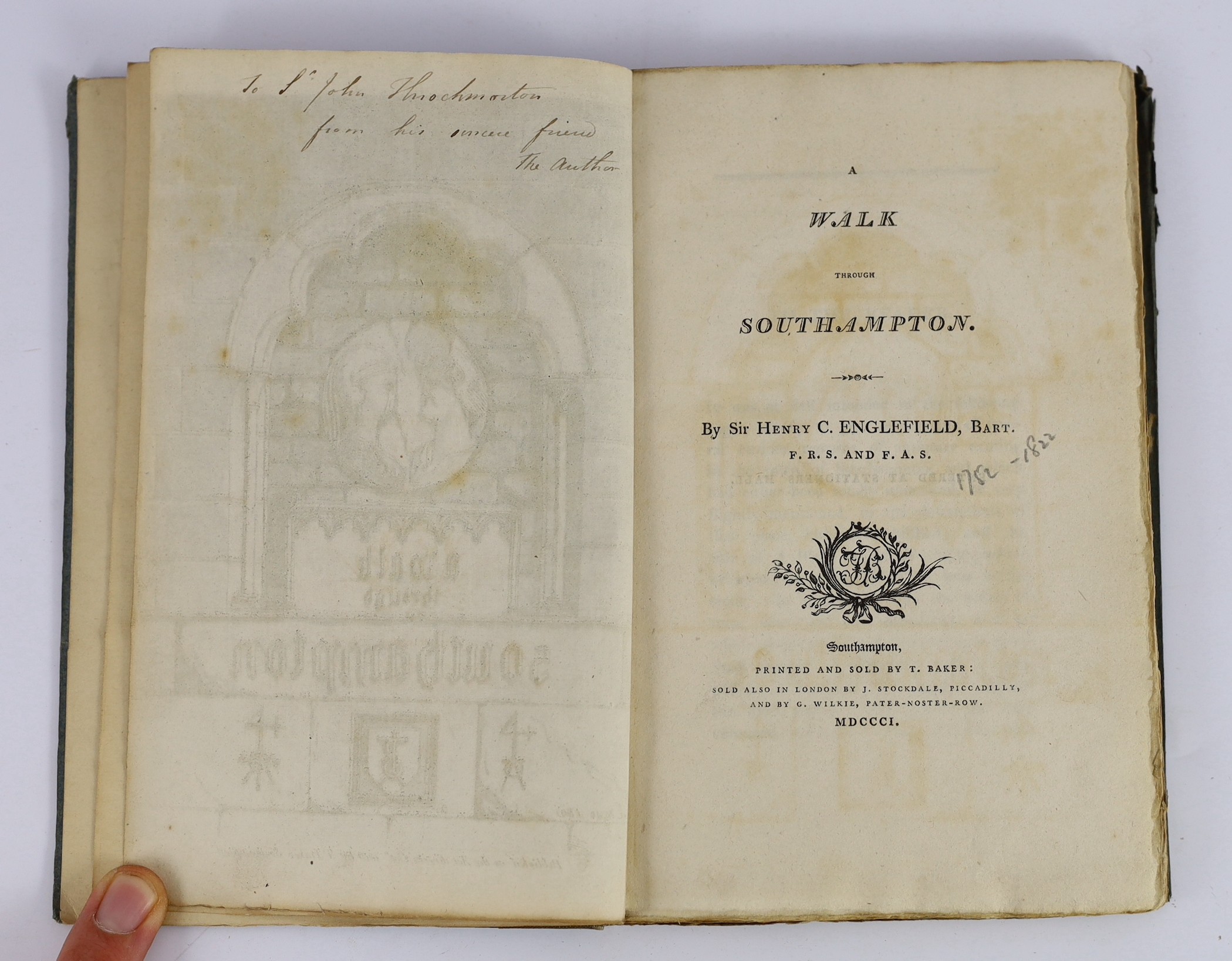 HANTS: Englefield, Sir Henry C. - A Walk through Southampton. titled pictorial engraved and printed titles and 5 plates; old blue paper boards with later cloth spine, uncut, cr.8vo. Southampton: printed and sold by T. Ba